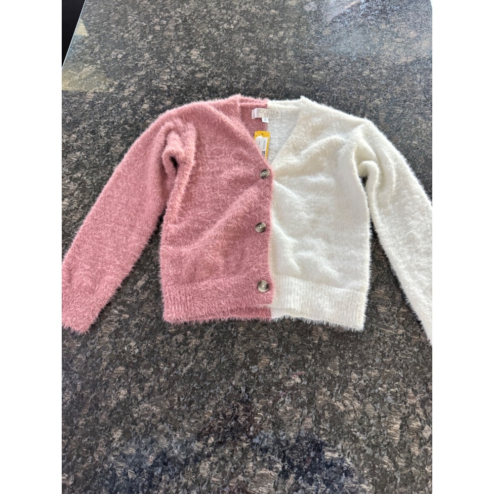 Society + Stitch Daphne Colorblock Cardigan Pink White Fuzzy Eyelash Knit M NEW